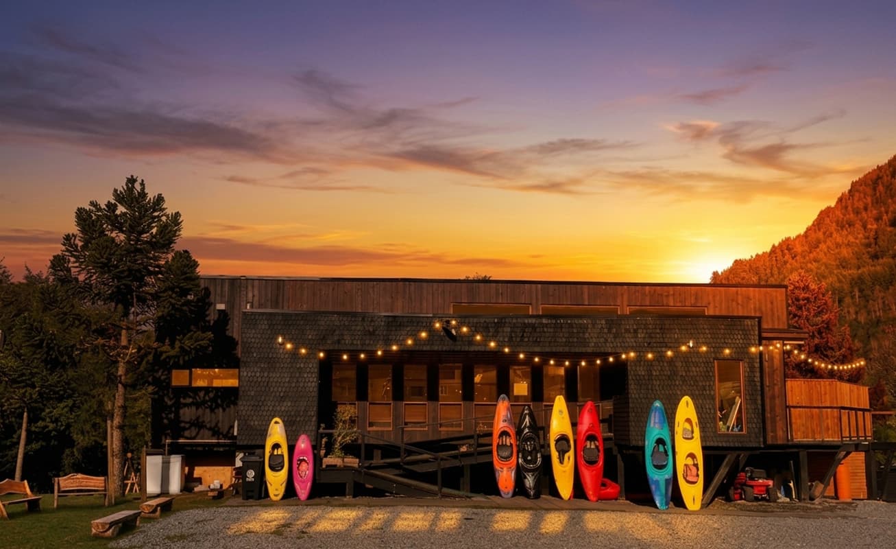 Nuestro lodge junto al Río Liucura al atardecer